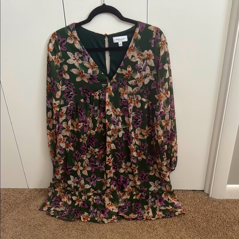 Pink Lily Gentle Heart green floral printed long sleeve dress